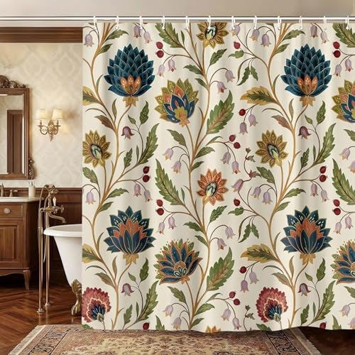 Vintage Floral Shower Curtain for Bathroom, Rustic Farmhouse Beige and Teal Sage Green Boho Botanical Shower Curtains, Retro Cottagecore Wildflower Aesthetic Bath Curtain Set with Hooks， 72 x 78 Inch