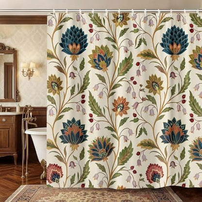 Vintage Floral Shower Curtain for Bathroom, Rustic Farmhouse Beige and Teal Sage Green Boho Botanical Shower Curtains, Retro Cottagecore Wildflower Aesthetic Bath Curtain Set with Hooks， 72 x 78 Inch