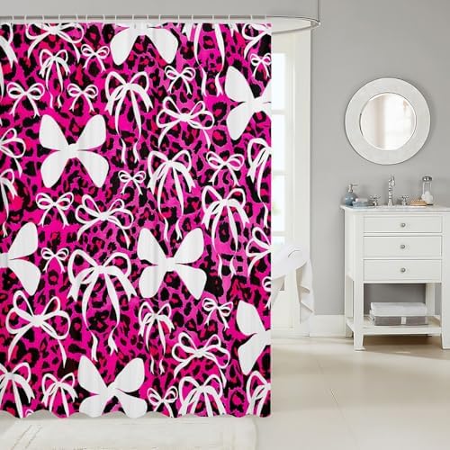 jejeloiu Cute Bowknot Shower Curtain for Bathroom Decor 72"x84" Pink Black Leopard Bath Curtain Kawaii Girls Bow Bathroom Accessories Waterproof Polyester Fabric for Stalls Bathtubs Princess Decor