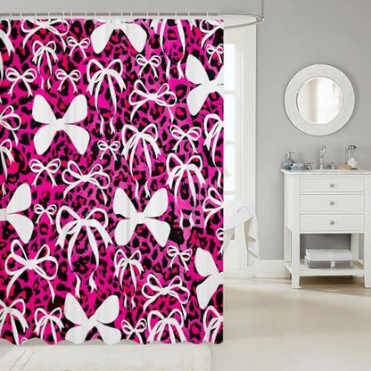 jejeloiu Cute Bowknot Shower Curtain for Bathroom Decor 72"x84" Pink Black Leopard Bath Curtain Kawaii Girls Bow Bathroom Accessories Waterproof Polyester Fabric for Stalls Bathtubs Princess Decor