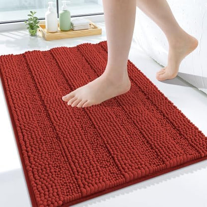 Grandaily Chenille Striped Bathroom Rugs 24x16, Extra Thick and Soft Absorbent Bath Mats, Rubber Backing, Plush Shaggy Shower Carpet, Machine Wash Dry, Bath Rug for Bathroom, Rustic Terracotta