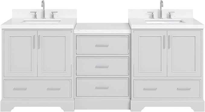 ARIEL Stafford 84-inch Bathroom Vanity with Sink,Solid Wood, 1.5in Carrara White Quartz Countertop & Backsplash, Double Rectangular Porcelain Sink, 4 Soft Closing Doors, 5 Dovetail Drawers, Grey
