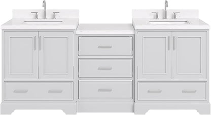 ARIEL Stafford 84-inch Bathroom Vanity with Sink,Solid Wood, 1.5in Carrara White Quartz Countertop & Backsplash, Double Rectangular Porcelain Sink, 4 Soft Closing Doors, 5 Dovetail Drawers, Grey