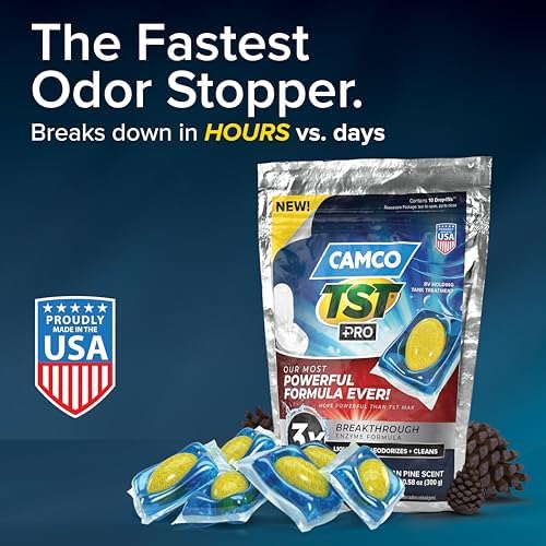Camco TST PRO RV Toilet Treatment Drop-INs - Innovative Bio-Enzymatic Formula - Fastest Odor Stopper & RV Sewer Waste Break Down - RV Black Tank Treatment - Fresh Pine - Septic-Safe, 10-Pk (41770)