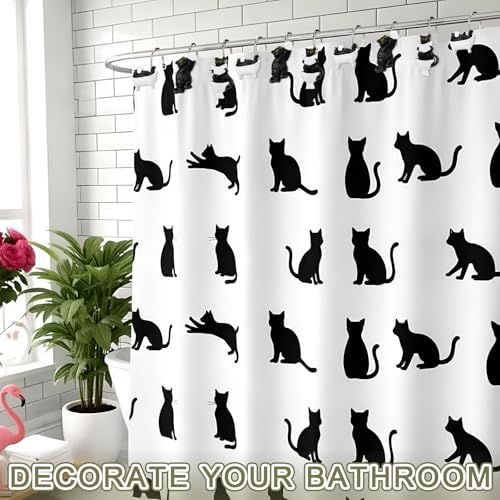 Roowest 12 Pcs Black Cat Shower Curtain Hooks, Stainless Steel Farmhouse
