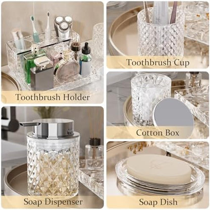 Glass Bathroom Accessories Set 5Pcs Crystal Clear- Foaming Soap Dispenser, Soap Dish, Cup, Acrylic Toothbrush Holder with Tray Organizer, Cotton Swab Jar, Bathroom Counter Set Sink Decor