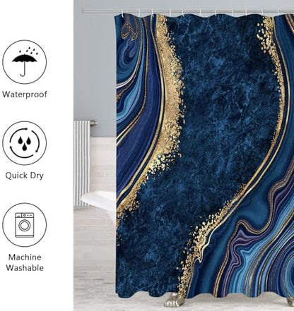 Gibelle 4 Pcs Luxury Marble Shower Curtain Set with Non-Slip Rugs, Toilet Lid Cover and Bath Mat, Gold Foil Navy Blue Bathroom Decor Set with Shower Curtain and Rugs and Accessories