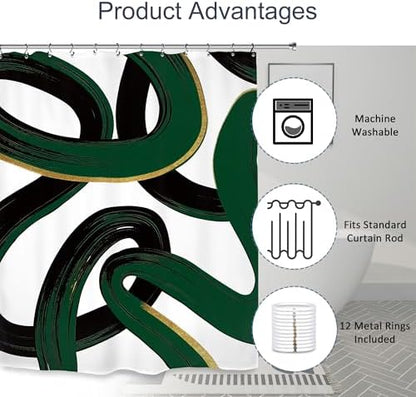 Abstract Emerald Green Black Green Shower Curtain 60Wx72L Inch Modern Minimalist Contemporary Geometric Line Neutral Simple Bathroom Set Accessories Decor with 12 Pack Hooks