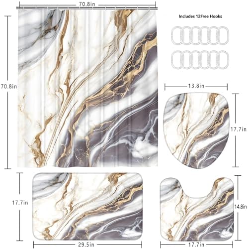 Nkzply 4 Pcs White Marble Shower Curtain Set Grey Bathroom Sets with Rugs