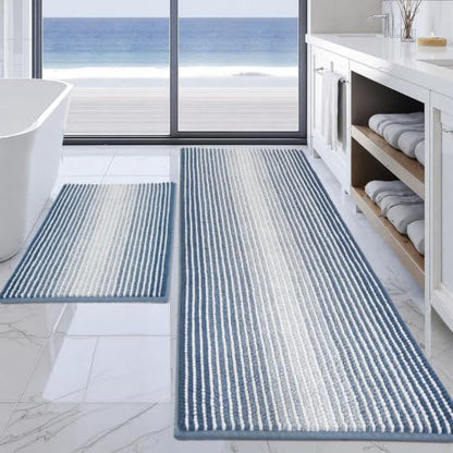 BSICPRO Bathroom Rugs Sets 2 Piece, Non Slip Striped Bath Mats, Fog Blue
