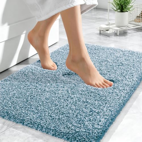 OLANLY Microfiber Soft Bathroom Rugs Mats 24x16, Peacock Blue and White