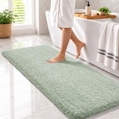 Yimobra Luxury Bathroom Rugs, Fluffy Bath Mats, Non Slip, Water Absorbent Microfiber, Machine Washable, Plush Runner Shower Rugs, Thick Matts for Bathroom Floor&Tub, 60" X 24", Light Green and White