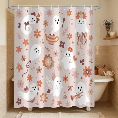 Cute Ghost Shower Curtain, 72 x 72 Inch Waterproof Polyester Bathroom Curtain with 12 Plastic Hooks, Pink Floral Halloween Bath Curtain for Tub Shower Decor
