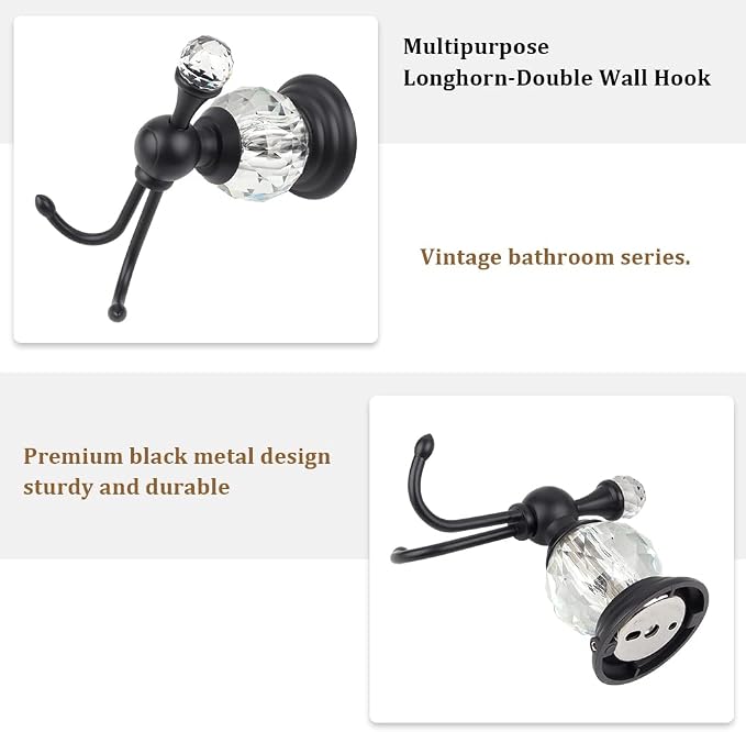 Luxury Crystal Black Robe Hook Bathroom Hangings Towel Rack Clothes Hook, Double Wall Mounted Towel Hook, Double Robe/Towel Hook