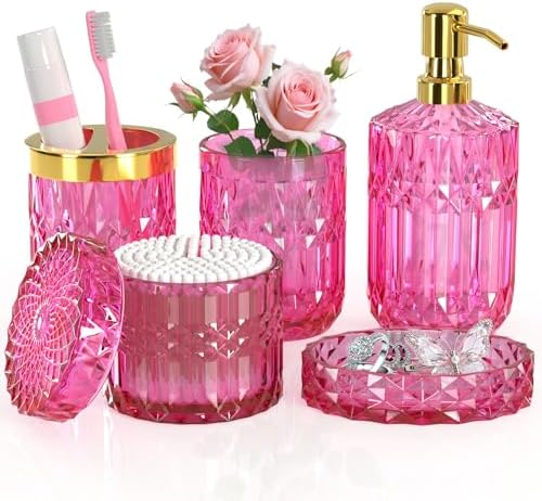 Hot-Pink Glass Bathroom Accessories Set 5 Pcs, Hot-Pink Bathroom Set, Soap Dispenser and Toothbrush Holder Set, Qtip Holder Set, Vintage Bathroom Sink Set, Cute Bathroom Decor