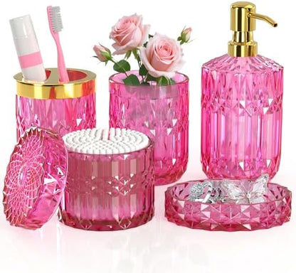 Hot-Pink Glass Bathroom Accessories Set 5 Pcs, Hot-Pink Bathroom Set, Soap Dispenser and Toothbrush Holder Set, Qtip Holder Set, Vintage Bathroom Sink Set, Cute Bathroom Decor