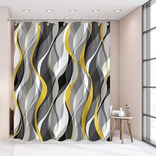 Yellow and Grey Shower Curtain for Bathroom Yellow and Black Shower Curtain Fabric Modern Abstract Striped Minimalist Bath Curtains Waterproof Shower Curtains Set, Black Gray Yellow, 72 x 72 Inch