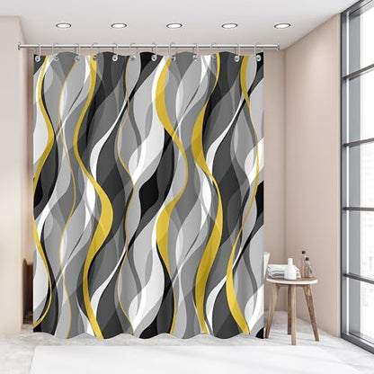 Yellow and Grey Shower Curtain for Bathroom Yellow and Black Shower Curtain Fabric Modern Abstract Striped Minimalist Bath Curtains Waterproof Shower Curtains Set, Black Gray Yellow, 72 x 72 Inch