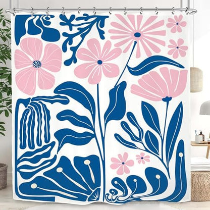Pink Blue Matisse Flower Shower Curtain 60Wx72L Inch Abstract Retro Aesthetic Minimalist Vintage Art 70s Modern Bathroom Set Accessories Decor with 12 Pack Hooks
