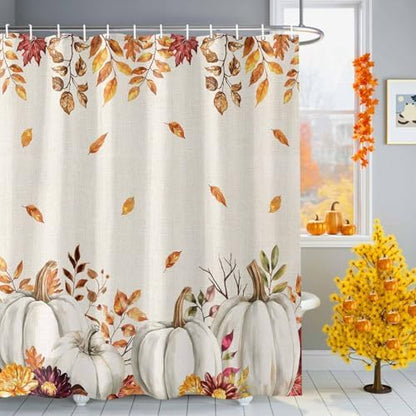 Shower Curtain Bathroom Set Thanksgiving Pumpkin Fall Orange Maple Leaf Watercolor Waterproof Shower Curtains with Grommets Hooks Vintage Linen Privacy Bath Curtain for Bathtub Decor 72x72in