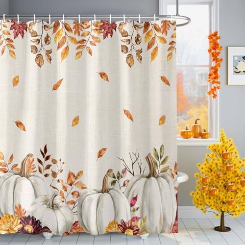 Shower Curtain Bathroom Set Thanksgiving Pumpkin Fall Orange Maple Leaf Watercolor Waterproof Shower Curtains with Grommets Hooks Vintage Linen Privacy Bath Curtain for Bathtub Decor 48x72in