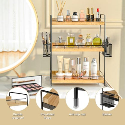 Wood 3 Tier Bathroom Counter Organizer with Side Baskets Fits Tall Bottles