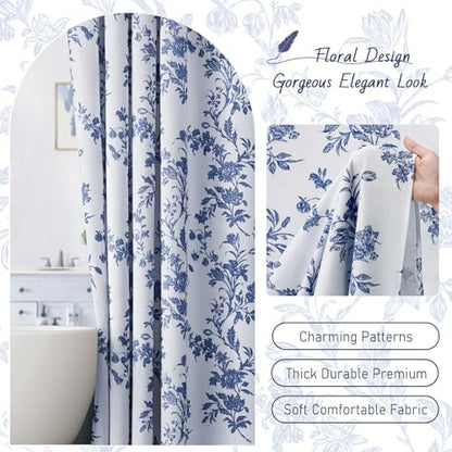 Blue Floral Shower Curtain,Vintage Cotton Cottagecore Shower Curtains for Bathroom, 72" W x 72" L