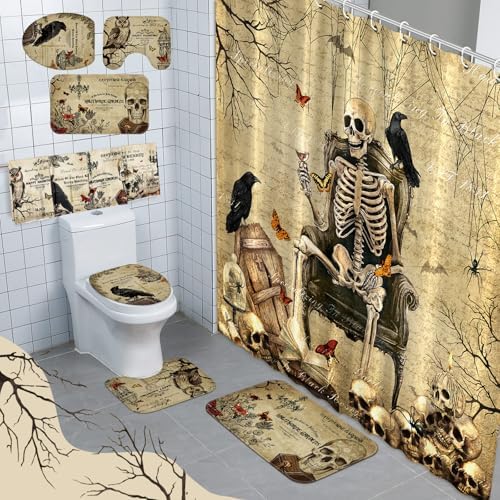FuWeave 8 Pcs Gothic Shower Curtain Set for Bathroom Include Vintage Skeleton Towels Non Slip Skull Rugs Toilet Lid Cover Spooky Spider Web Bath Mat and 12 Hooks for Gothic Bathroom Decor
