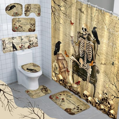 FuWeave 8 Pcs Gothic Shower Curtain Set for Bathroom Include Vintage Skeleton Towels Non Slip Skull Rugs Toilet Lid Cover Spooky Spider Web Bath Mat and 12 Hooks for Gothic Bathroom Decor