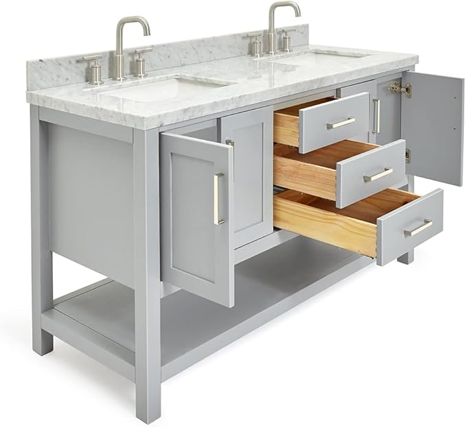 ARIEL Magnolia 60-inch Bathroom Vanity with Sink,Solid Wood, 1.5-inch Italian Carrara Marble Countertop, Double Rectangular Porcelain Sink, 4 Soft Closing Doors, 3 Dovetail Drawers, Grey