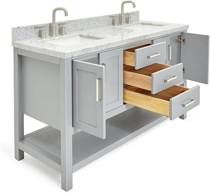 ARIEL Magnolia 60-inch Bathroom Vanity with Sink,Solid Wood, 1.5-inch Italian Carrara Marble Countertop, Double Rectangular Porcelain Sink, 4 Soft Closing Doors, 3 Dovetail Drawers, Grey