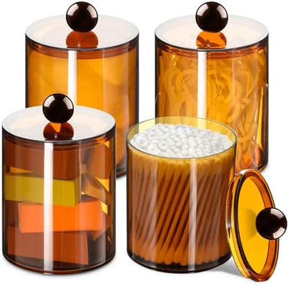 4 Pcs Acrylic Qtip Holder, Cotton Ball Holder Jars with Lids, Brown
