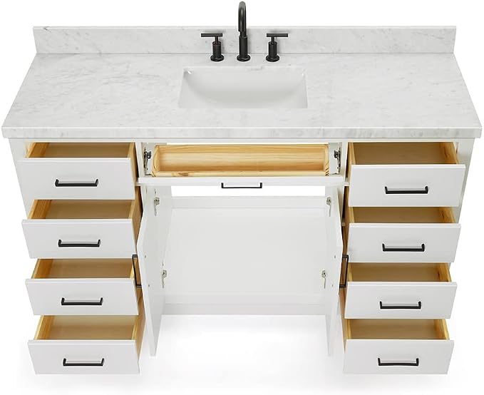 ARIEL Hepburn 60-inch Bathroom Vanity with Sink,Solid Wood, 1.5-inch Italian Carrara Marble Countertop, Single Rectangular Porcelain Sink, 2 Soft Closing Doors, 9 Dovetail Drawers, White