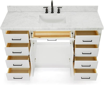 ARIEL Hepburn 60-inch Bathroom Vanity with Sink,Solid Wood, 1.5-inch Italian Carrara Marble Countertop, Single Rectangular Porcelain Sink, 2 Soft Closing Doors, 9 Dovetail Drawers, White
