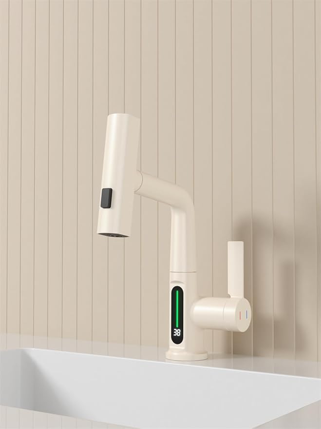 Bathroom One Hole Sink Basin Faucet with Waterfall Pull Down Sprayer,Vanity Single Handle 1 Hole Pull Out Faucet with Rainfall Spray Head Temperature Digital Display Mixer Tap Cream White