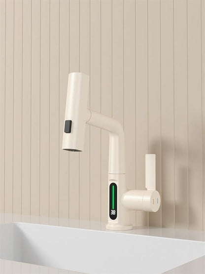 Bathroom One Hole Sink Basin Faucet with Waterfall Pull Down Sprayer,Vanity Single Handle 1 Hole Pull Out Faucet with Rainfall Spray Head Temperature Digital Display Mixer Tap Cream White