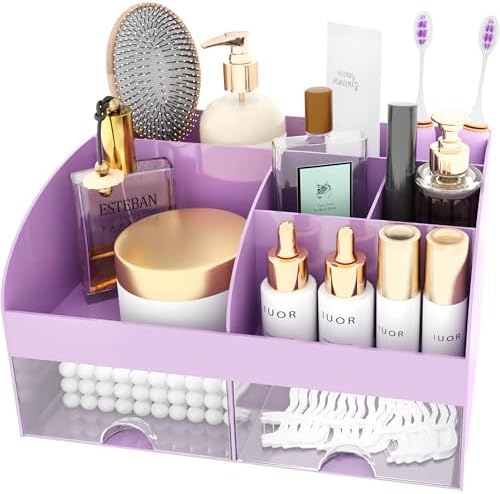Makeup Organizer with Drawers, Cosmetic Storage for Dresser Vanity and Bathroom Countertop, Beauty Holder for Lipstick Brush, Skincare Organizer for Vanity, Cosmetic Display Case (Purple)