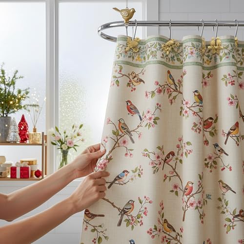Amyhill 12 Pcs Bird Shower Curtain Hooks Antique Gold Birds Animal Decorative Hooks Rings Bulk Cute Hanger Stainless Steel Resin Nature Spring Themed Curtain Rings for Bathroom Bedroom Home Decor