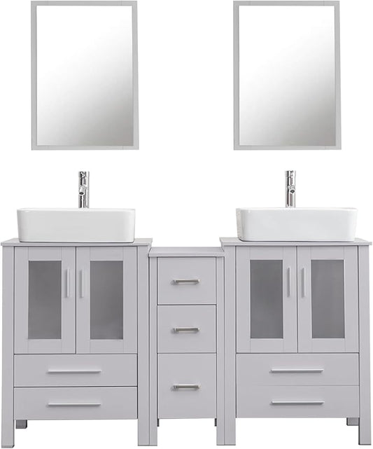 UEV 60" Modern Bathroom Vanity Set in Grey, Double Bathroom Vanities with Sink Combos and Removable Side Cabinet, Bathroom Vanity Set for Bathroom & Toilet,Mirror Not Included (T03)