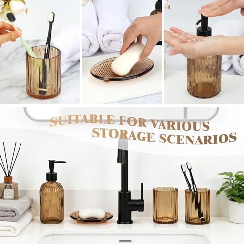 Glass Bathroom Accessories Set, 4Pcs Bathroom Accessories Sets Complete Lotion Soap Dispenser, Toothbrush Holder, Mouthwash Cup, Soap Dish for Bath Decor, Countertop Vanity Organizer (Amber)