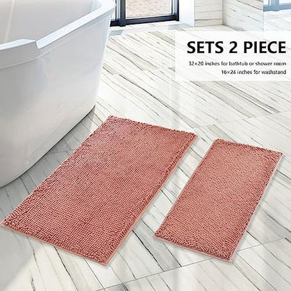BOANKODU Bathroom Rugs Sets 2 Piece, Extra Soft Chenille Bath Mat Absorbent Bathroom Rug, Bathroom Mat with Sturdy PVC Non-Slip Bottom, Machine Washable Bath Rugs (32x20 Inch + 24x16 Inch, Deep Pink)