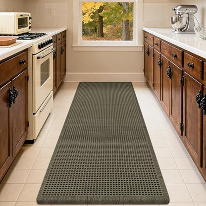 IM HOME Waffle Bath Mat Olive Green 5'x2', Boho Woven Modern Bath Mat Rugs, Absorbent Non Slip Bathroom Rugs, Soft Washable Bath Rugs with Tassels for Bathroom, Bedroom, Kitchen, Shower, Tub