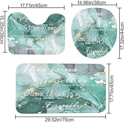 4Pcs Family Marble Shower Curtain Sets with Rugs