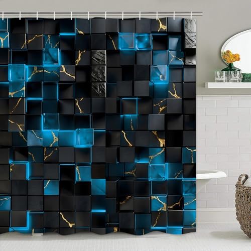 LQCOOL 4Pcs Black and Blue Shower Curtain Set 3D Cubes Bathroom Sets Modern Shower Curtain Set for Bathroom Sets with Rugs and 12 Hooks