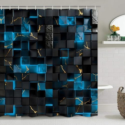 LQCOOL 4Pcs Black and Blue Shower Curtain Set 3D Cubes Bathroom Sets Modern Shower Curtain Set for Bathroom Sets with Rugs and 12 Hooks