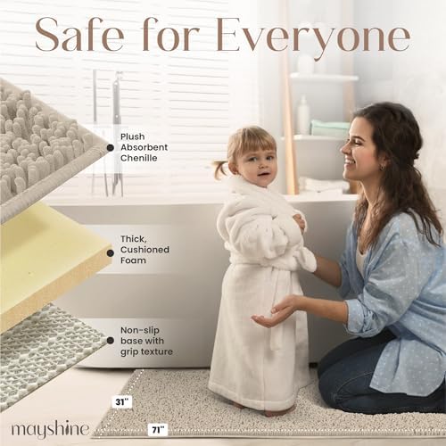 MAYSHINE Runner Plush Shaggy Chenille Bath Mat 71"x31" Extra Soft, Super Absorbent, Non-Slip Bathroom Rug | Fluffy Microfiber, Area Rug Sets for Bathroom Floor, Kitchen, Living Room | Beige