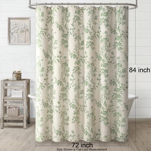 Sage Green Floral Shower Curtain,Vintage Linen Beige Cottagecore Shower Curtains for Bathroom, 72" W x 84" L