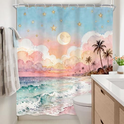 Ocean Blue Sea Watercolor Cloud Pink Waves Bathroom Shower Curtain Set