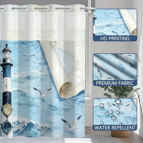 No Hook Shower Curtain with Snap-in Liner 71x74 Inch