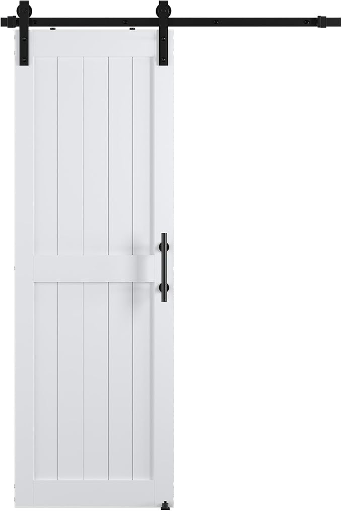 28in x 84in White MDF Sliding Barn Door, Pre-Drilled Holes Easy Assembly | 5ft Barn Door Hardware Kit & Handle Include, Solid Barn Door Slab Covered with Water-Proof PVC Surface, H-Frame